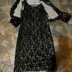 Kasper Black lace over cream lining sheath dress with matching cropped jacket